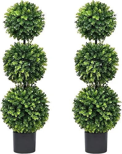 Lvydec 2 Pack Artificial Boxwood Topiary Tree, 3ft Topiary Ball Tree Potted Plants Decoration for Front Door Porch Home Living Room, Indoor/Outdoor Use
