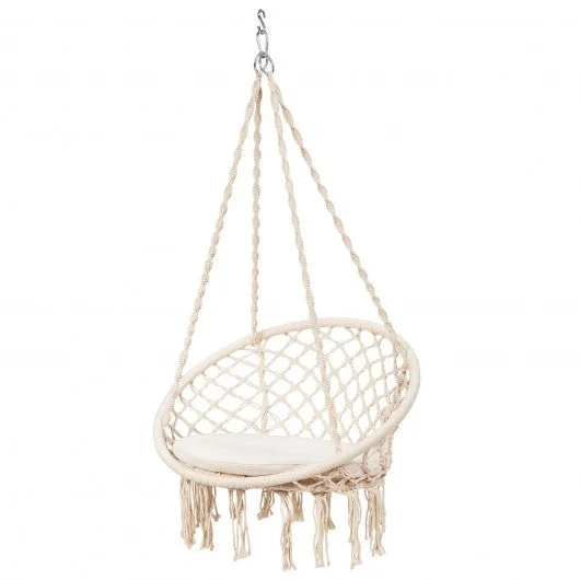 Macrame Cushioned Hanging Swing Hammock Chair-Beige