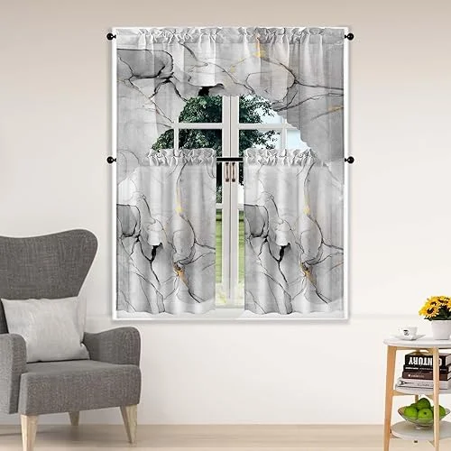 Marble Grey Tier and Swag Window Curtain Set, 3Pcs Kitchen Curtain Marble Art Valance Set Gray Abstract Rod Pocket Curtain for Kitchen Window Modern Unique Patterns