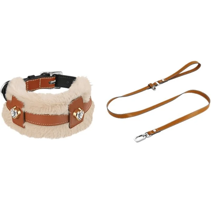 Mars Phone Plush Diamond Inlaid Pet Collar Pendant Cocoa Brown Exclusive Set Wool Collar+Collar+Traction Rope 31-38cm