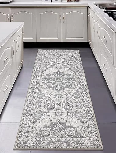 MaxRugrs Washable Runner Rug 2×6 Stain Resistant Kitchen Rug Runners for Hallways Non Slip Throw Rugs for Entryway,Bedroom,Laundry Room Grey Vintage Floor Carpet Runner- Soft Thin Mat for Family Pet