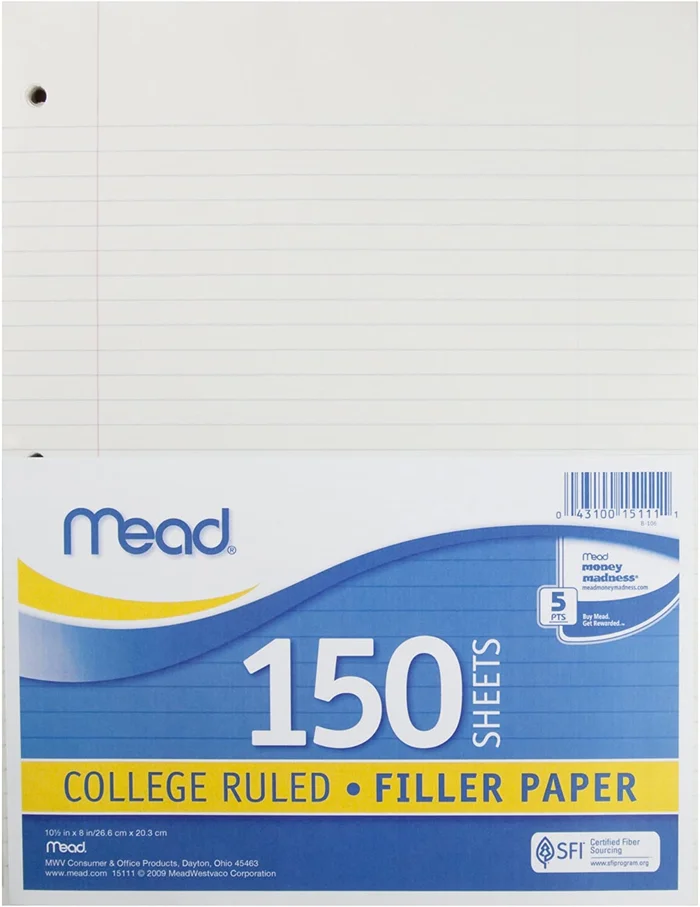 Mead Loose Leaf Paper, Filler Paper, College Ruled, 150 Sheets, 10-1/2″ x 8″, 3 Hole Punched (24-Pack)