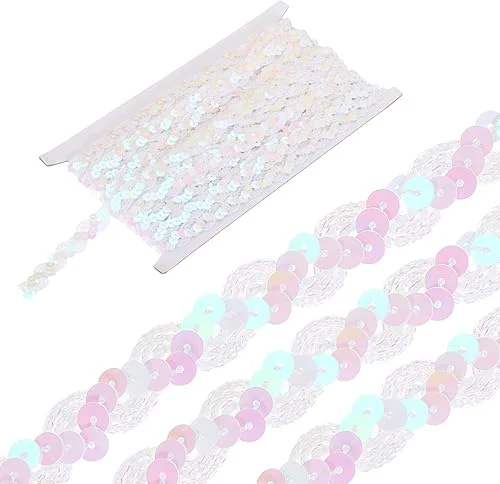 MECCANIXITY 11 Yard Sequins Beaded Lace Trim 0.6 Inch Wave Sequin Braid Trim Strip Paillette Sequins Ribbon Trim for Crafts, Embellishments, DIY Sewing Costume White