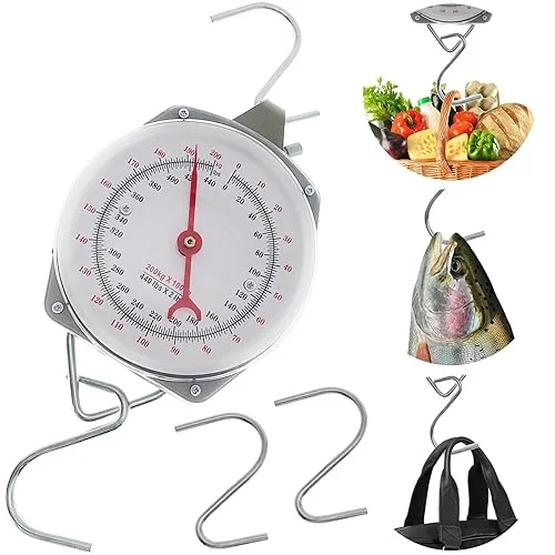 Mechanical Hanging Scales, Hanging Weight 440Ib/200Kg, Mechanical Kitchen Weighing Food Scale, Spring Dial Hanging Game Scales for Farms Fishing Hunting Luggage, Measures in Ib and Kg (Gray)