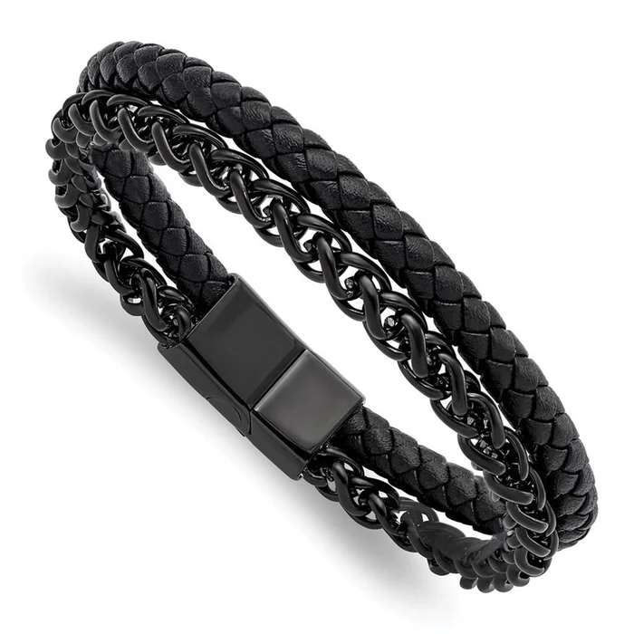 Men's Polished Stainless Steel and Leather Bracelet