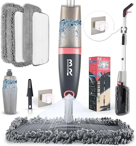 Microfiber Spray Mop for Floor Cleaning Dry Wet Dust Mop for Kitchen Wood Floor Hardwood Laminate Ceramic Tiles 360 Degree Mop Set with 4 Mop Heads Replacement 1 Scraper 1 Mop Holder 1 Bottle