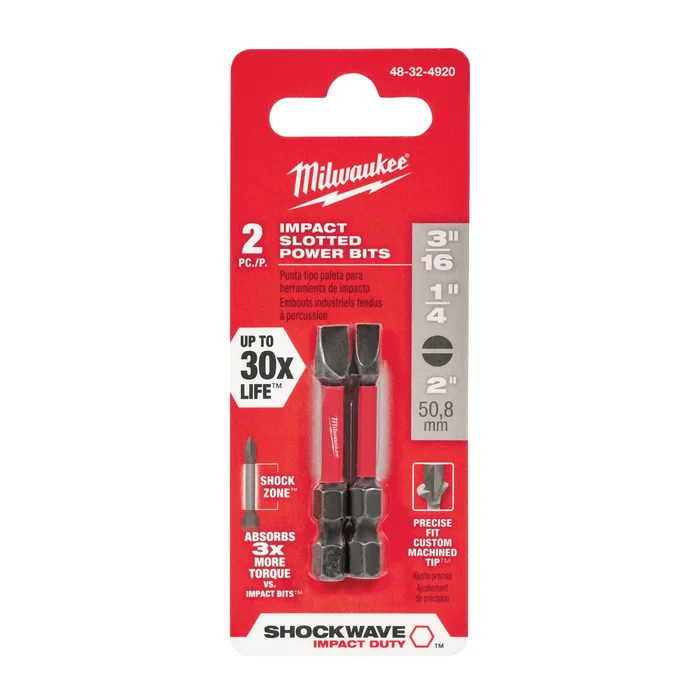 Milwaukee SHOCKWAVE 48-32-4920 Power Bit, 3/16, 1/4 in Drive, Slotted Drive, 1/4 in Shank, Hex Shank, 2 in L