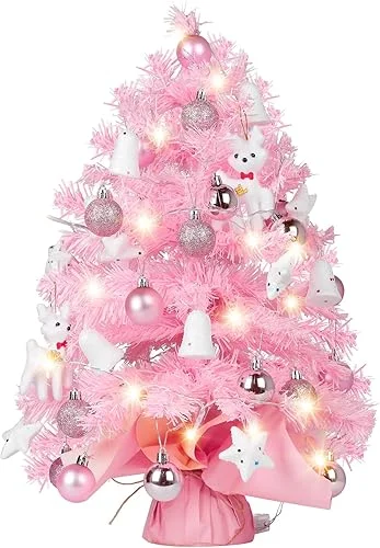 Mini Christmas Tree with Lights: 2ft Small Blue Christmas Tree, Tabletop Artificial Xmas Tree with Star Treetopper, LED String Light & Hanging Ornaments, for Desk Christmas Decors Home Office Party