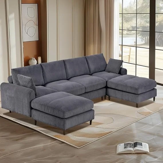 Modern corduroy modular section sofa, U-shaped convertible L-shaped sofa set with pillow, oversized sectional sofa with footstool, suitable for living room, attic, apartment, office – Gray 6 seat