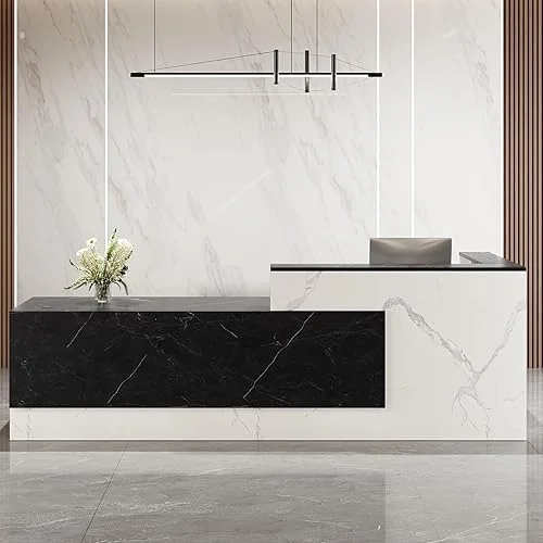 Modern L-Shaped Reception Desk, Large Wooden Commercial Receptionists Desk, Reception Desk with Counter, Lockable Drawers, Door Cabinet and Front Desk Reception Counter (E_Left_63*24 * 41IN)