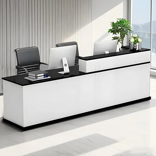 Modern Reception Desk Counter with with Counter & Lockable Srotage Drawers Office Wooden Front Desk with Keyboard Holder for Office (Pure White+Black/Left, 110.23′ L*23.62′ W*39.37′ H)