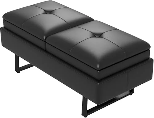 MOTION Leather Bench Waiting Room Chairs – 2 Seat Office Guest Reception Bench with Cushion, Upholered Waiting Room Bench Seating, Office Furniture Lobby Chairs for Salon, Shop, Black