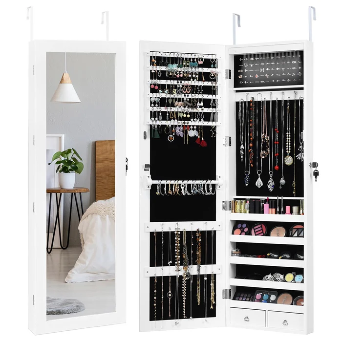 Mounted Mirror Jewelry Cabinet Organizer with LED Light