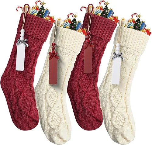 Mr. Pen- Personalized Christmas Stockings with Wooden Name Tags, Set of 4, 18′ Red & Cream Cable Knit Stockings for Christmas, Cable Knit Christmas Stocking for Christmas