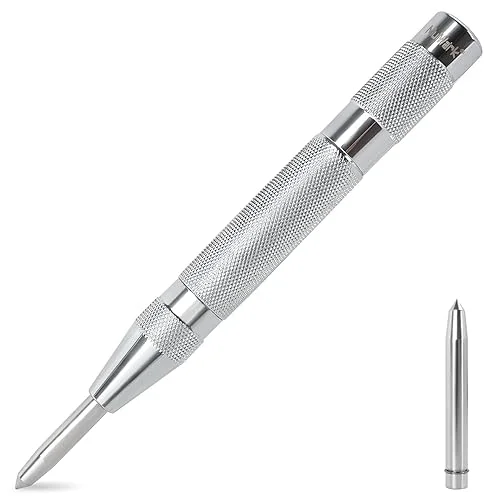 MulWark 6′ Automatic Center Punch for Metal – Spring Loaded Center Punch Tool with Extra Replacement Tip – Adjustable Impact One-Handed Spring Punch for Wood, Plastic, Stainless Steel