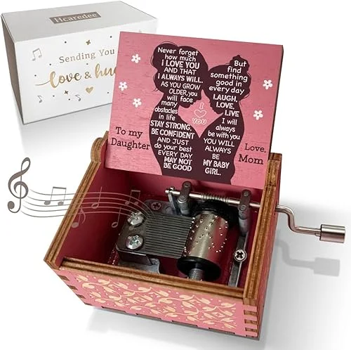 Music Box Gifts for Daughter from Mom,I Love You Daughter Gifts You are My Sunshine Hand Crank Wooden Musical Boxes to Daughter on Birthday Christmas Graduation Thanksgiving Mother’s Day Pink