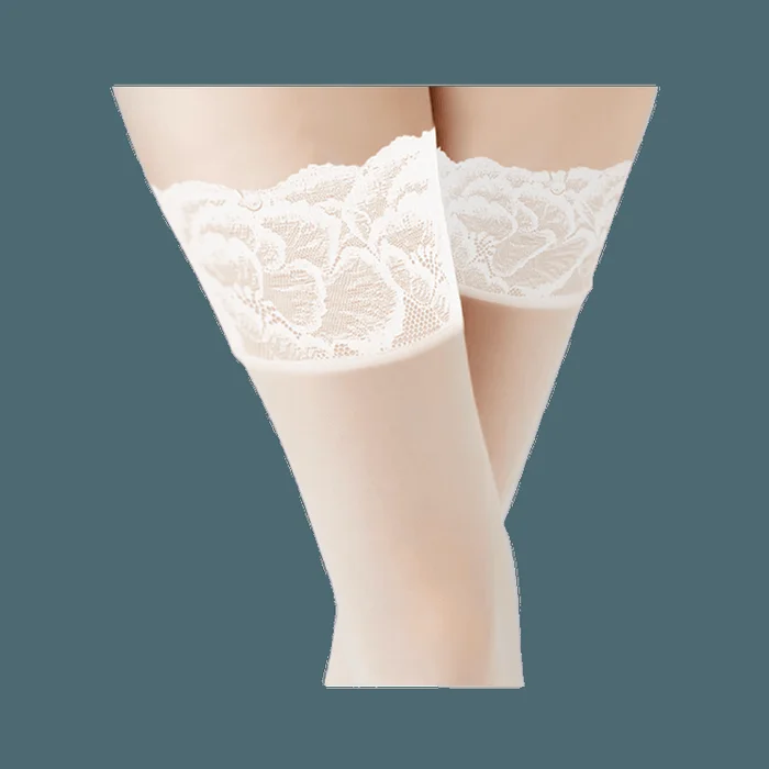 Mystery 3D French Lace Over-The-Knee Stockings with Hibiscus Flower Lace Pattern White One Size 1 Pair