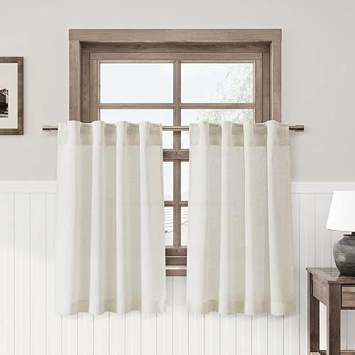Nanspring Linen Cafe Curtains 30 Inch Length Light Filtering Semi Sheer Mini Curtains for Small Window Basement Bathroom Natural Back Tab Rod Pocket Pleated Short Sheer Kitchen Curtain 30×30 Cream