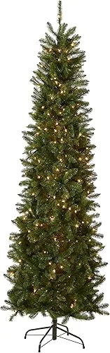 National Tree Company Artificial Pre-Lit Slim Christmas Tree, Green, Kingswood Fir, White Lights, Includes Stand, 9 Feet