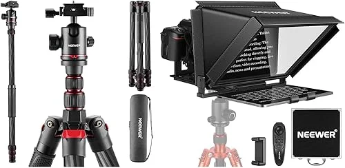 NEEWER X12 14 inch Aluminum Alloy Teleprompter for iPad Tablet Smartphone DSLR Cameras with Remote Control, APP Compatible with iOS/Android, N55CR Upgraded 80.7′ Carbon Fiber Camera Tripod
