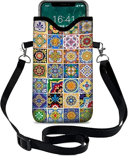Neoprene Cell Phone Sleeve Pouch Case Bag with Crossbody Strap Neck Lanyard for Women 7.1 X 3.9 in Bohemian Style