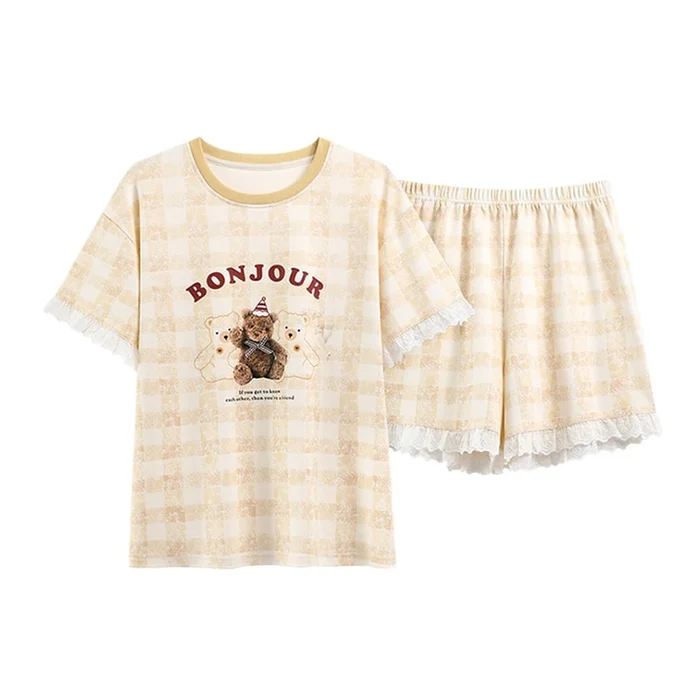 New A-Class Antibacterial Pajamas Pure Cotton Cartoon Cute Set Yellow F