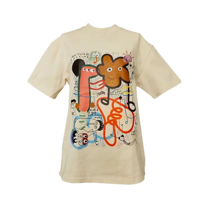 New American Cute Graffiti Short Sleeve Apricot M