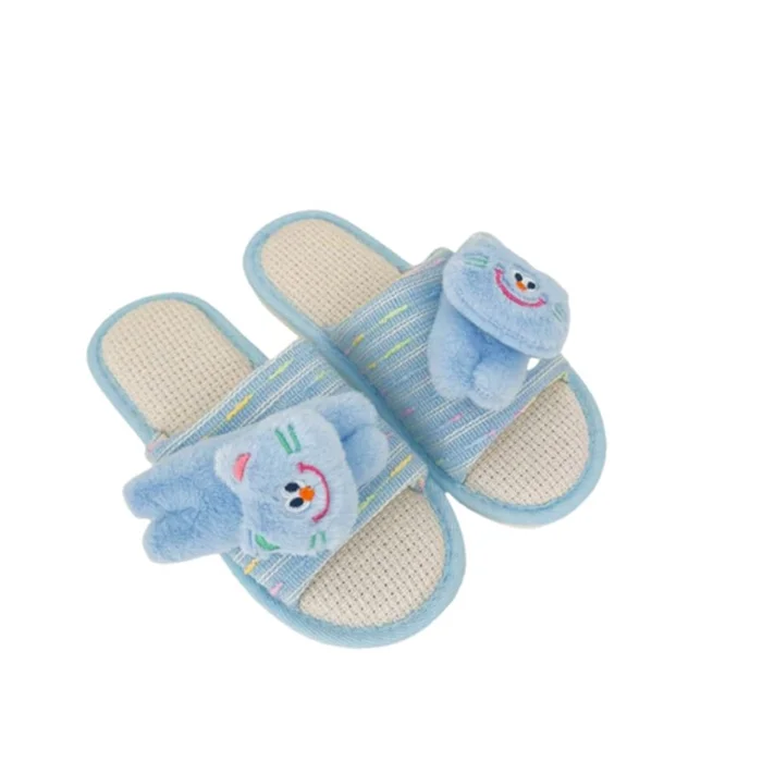 New Cartoon Cat Home Breathable Linen Slippers Blue Flat Cat 38-39 (Suitable For 37-38 Feet)