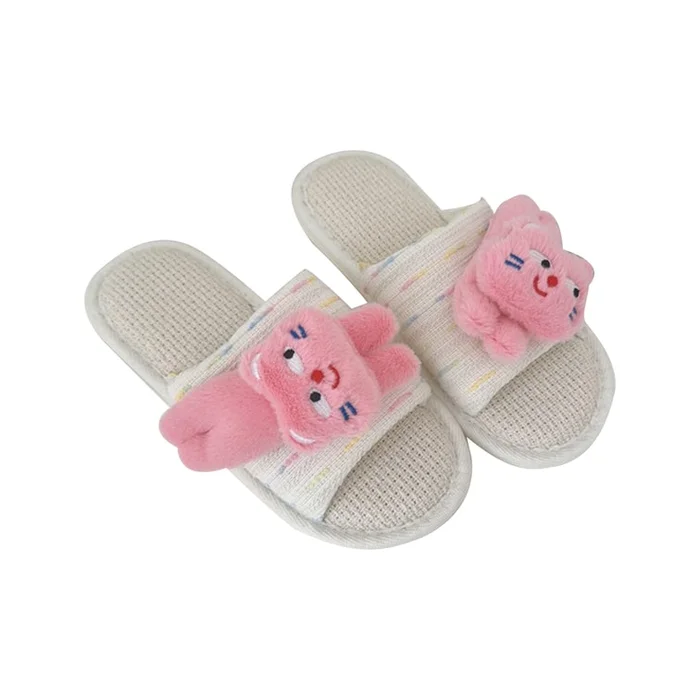 New Cartoon Cat Home Breathable Linen Slippers White Flat Cat 40-41(Suitable For39-40 Feet)
