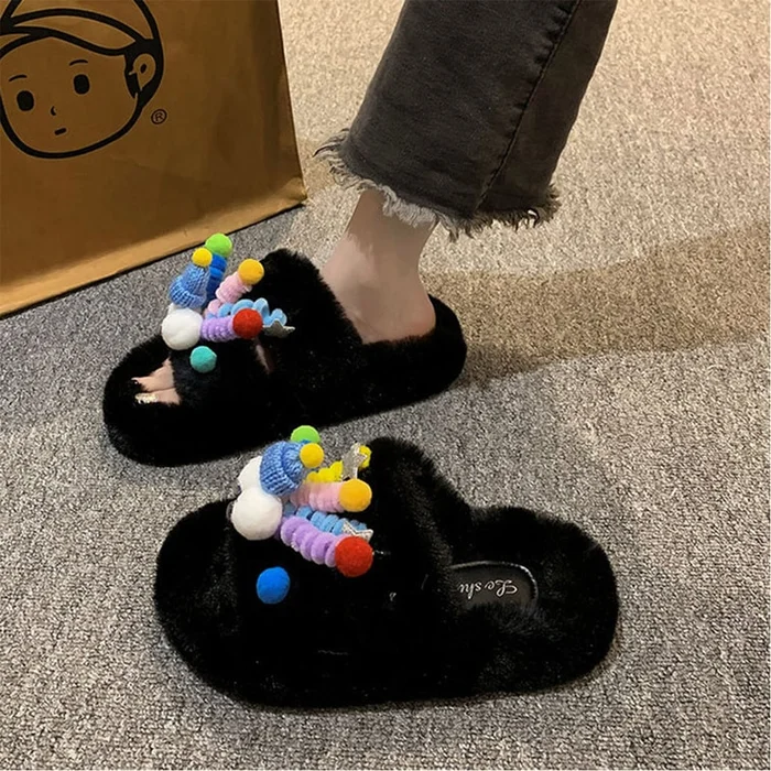 New Cartoon Fur Home Anti Slip Cotton Slippers In Black 35(35-36)