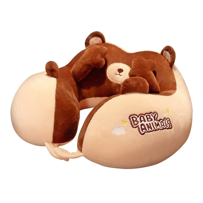 New Cartoon Portable Neck Protection Travel Headrest U-Shaped Pillow Covering Face Animal – Bear 30 * 30cm