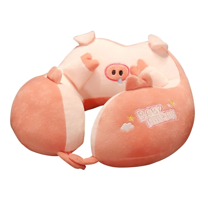 New Cartoon Portable Neck Protection Travel Headrest U-Shaped Pillow Covering Face Animal – Pink Pig 30 * 30cm