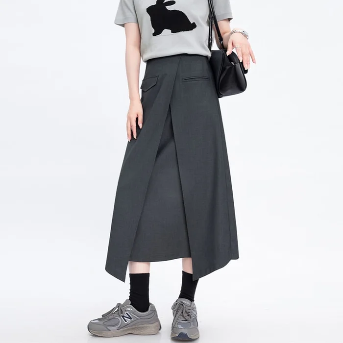 New Casual Design High Waisted Irregular Skirt Dark Grey S