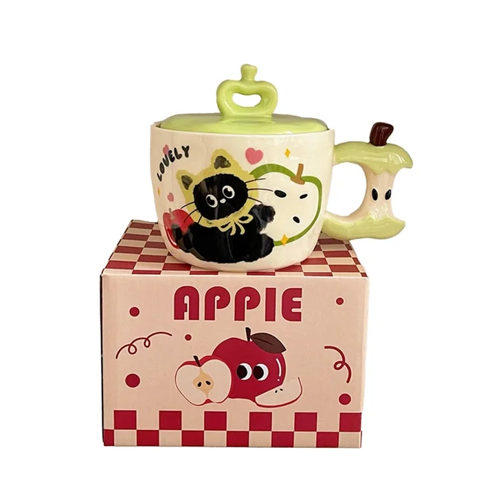 New Cat Apple Ceramic Cup with Lid Makeup Green Apple Cat+Gift Box 450ML