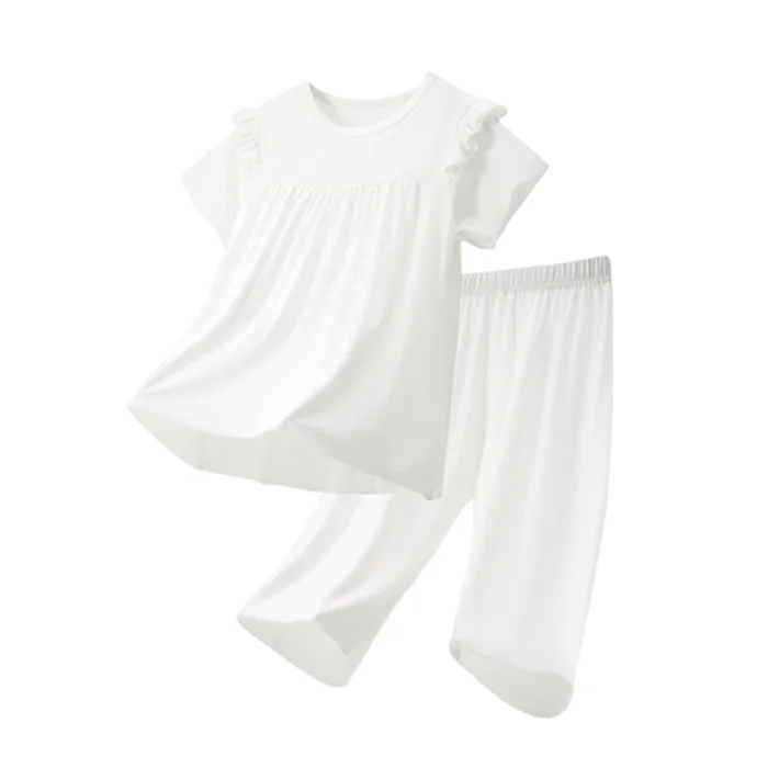 New Children's Simple Breathable Ruffled Short Sleeved Home Suit Set Crescent White【Short Sleeved+Capri Pants】120