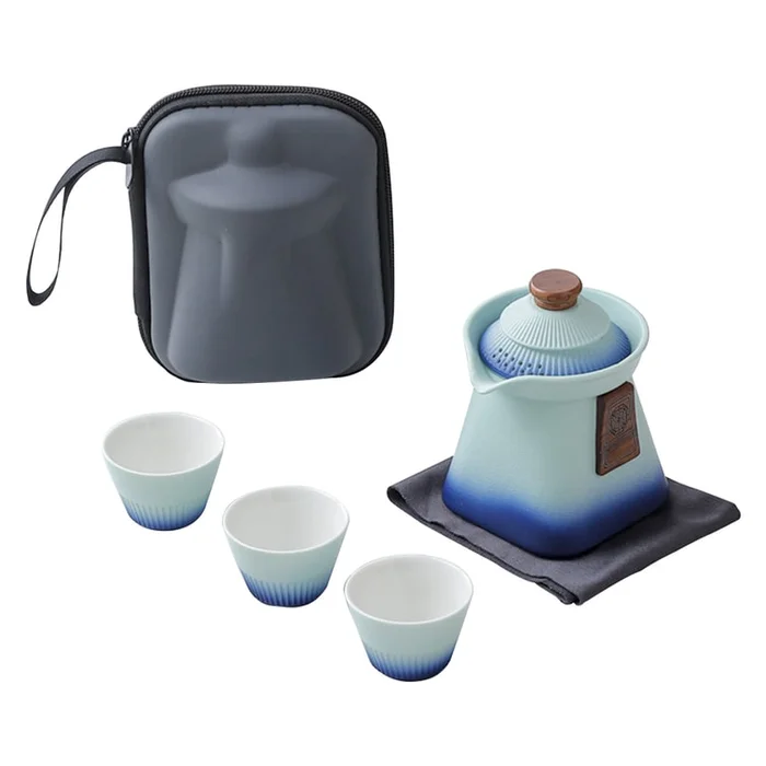 New China-Chic Palace Style Travel Portable Tea Set Blue+Green (One Pot And Three Cups) F