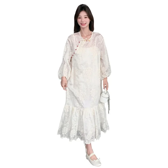 New Chinese Style Light Embroidery Dress Two-piece Set Cream M