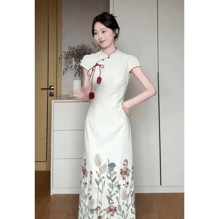 New Chinese style printed cheongsam dress women's summer new style long skirt size S