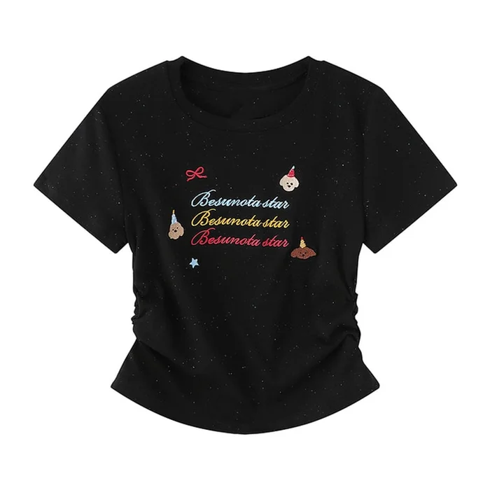 New Embroidered Waist Short Sleeve Shoulder Short T-shirt Black S