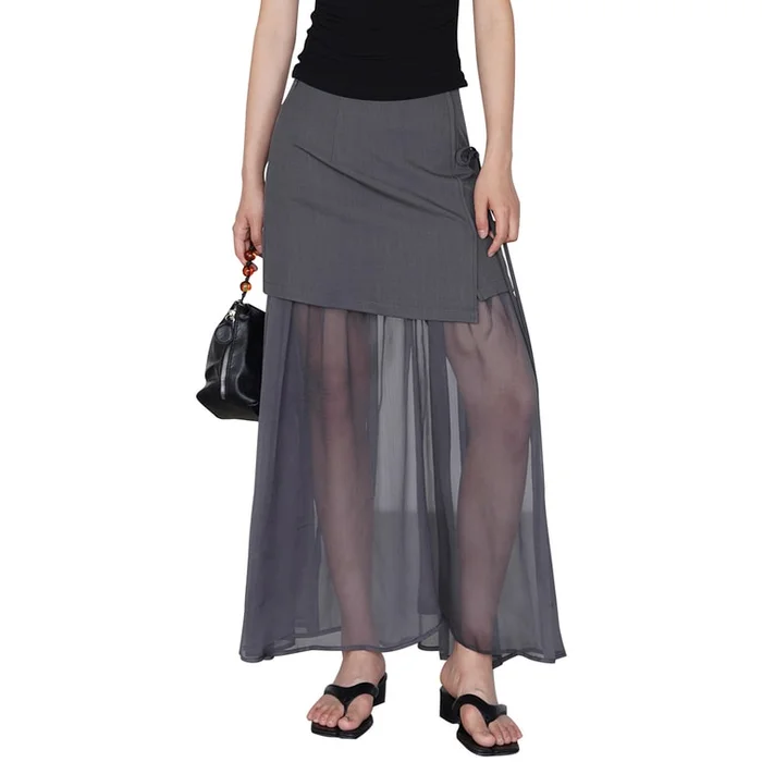 New Mesh Splicing A-Line Skirt Charcoal Gray M