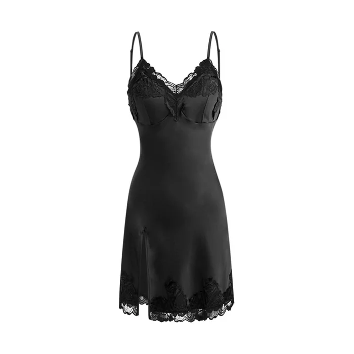 New product: Elegant Sexy Lace Patchwork Slim Fit Nightgown Black L 「168cm~178cm」1 set