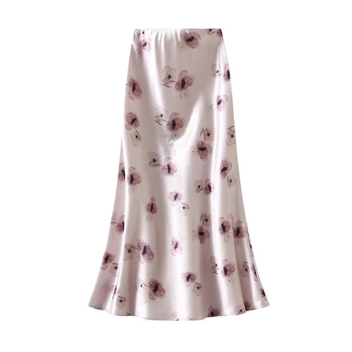 New Satin Floral High Waisted Fish Tail Skirt In Rose Pink XL