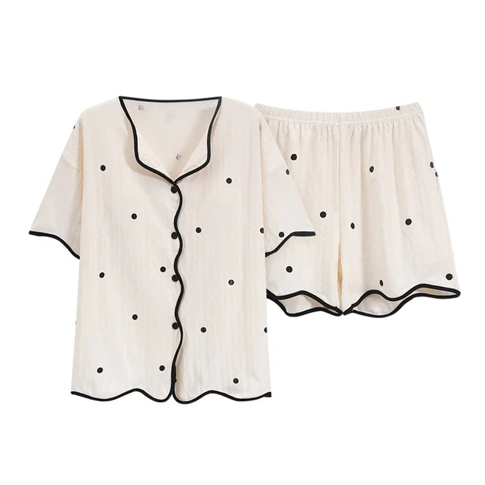 New Set Of Home Clothes With Built-In Chest Cushion Short Sleeved Shorts White Background Black Stripes F