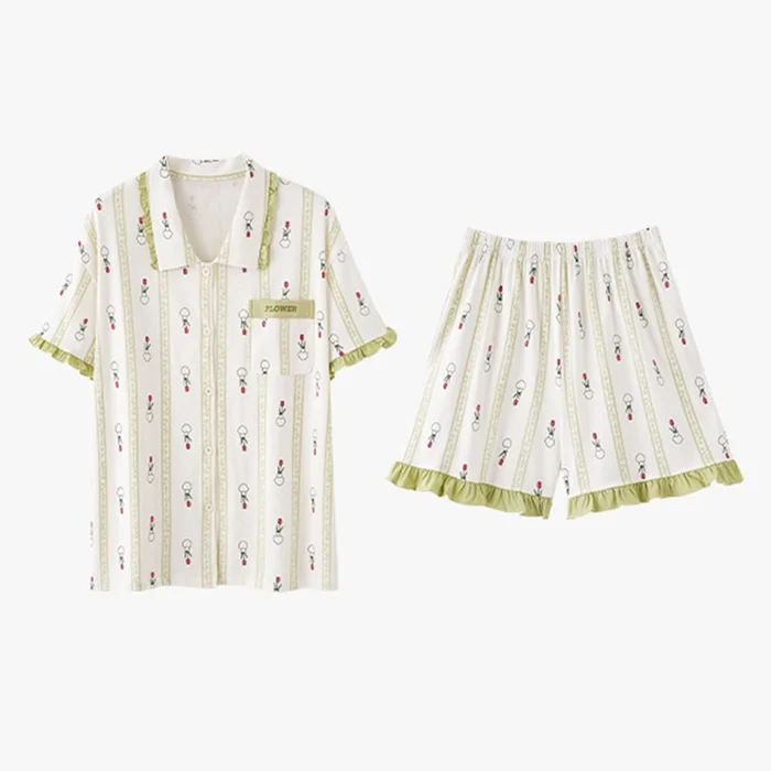 New Short sleeved Thin Home Clothes Two piece Set Matcha Flower M
