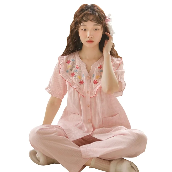 New Spring/Summer Thin Short sleeved Pants Home Clothes Set Pink M