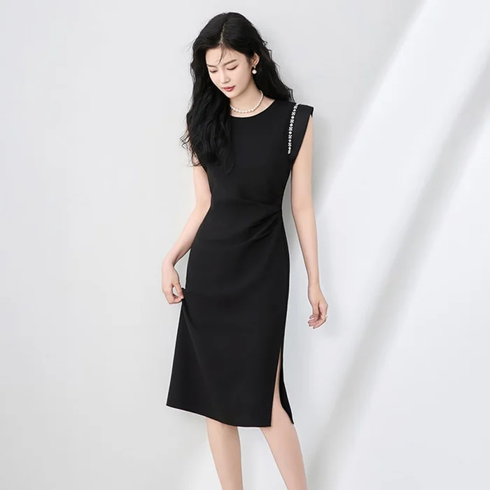 New Style Elegant And Refined Dress With Diamond Inlay And Slim Fit Black S