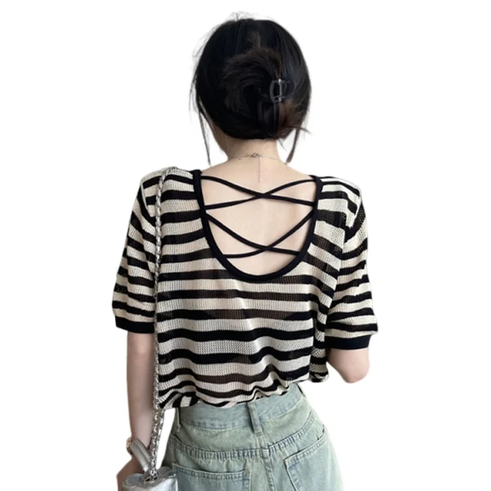 New Sweet And Casual Backless Slightly Transparent Short Sleeved Cover Shirt Black Apricot Stripe M