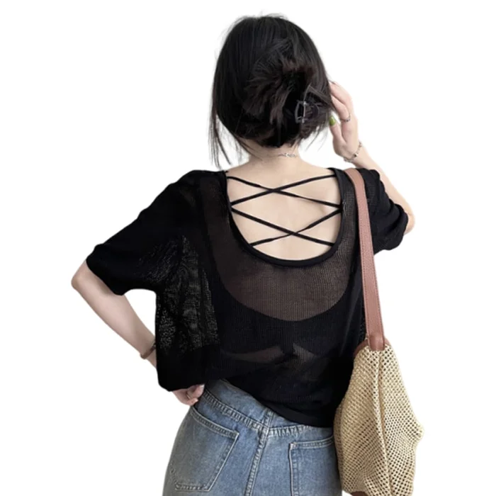 New Sweet And Casual Backless Slightly Transparent Short Sleeved Cover Shirt Black L