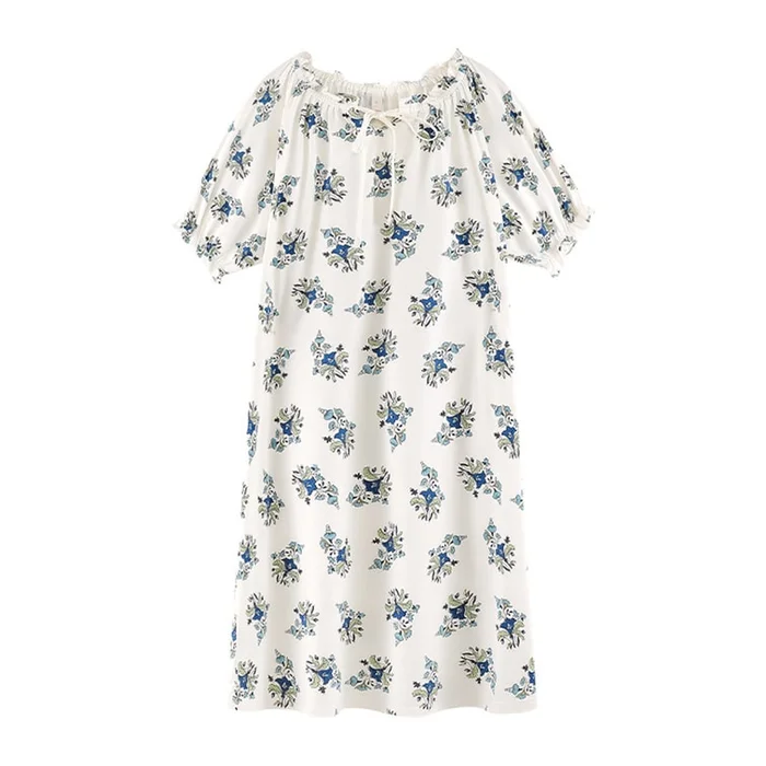 New Sweet And Cute Lace Up Artistic Printed Nightgown For Home Wear With A Beige Background And Blue Floral Patterns M