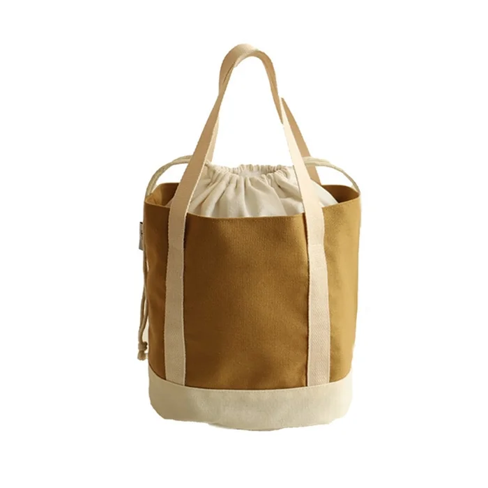 New Thick Canvas Bento Bag with Insulated Bundle Mouth Lunch Box Bag Coffee White Color Contrast F